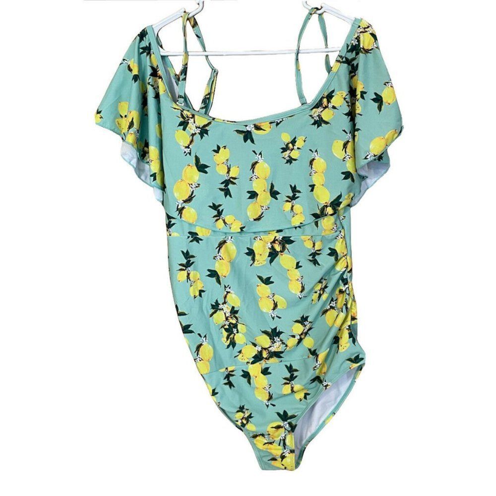 Summer Mae women’s XL one piece swimsuit off the shoulder Ruffle lemon Lined Pad
